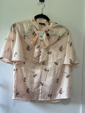 Ann Taylor Light Pink Floral Tie-Neck Short Sleeve Shirt